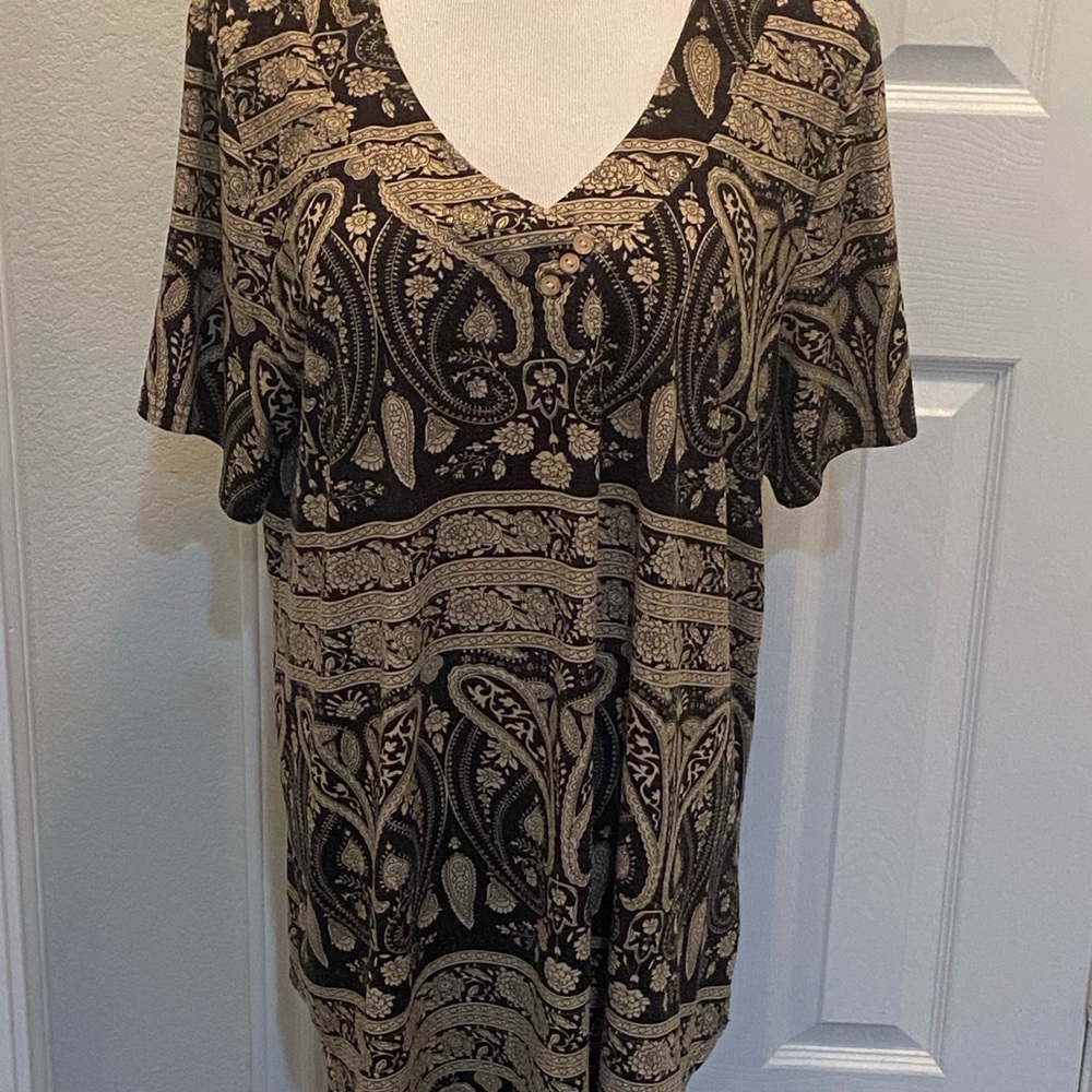 2x pullover black/tan shirtsleeve top casual or dressy comfy long swing length